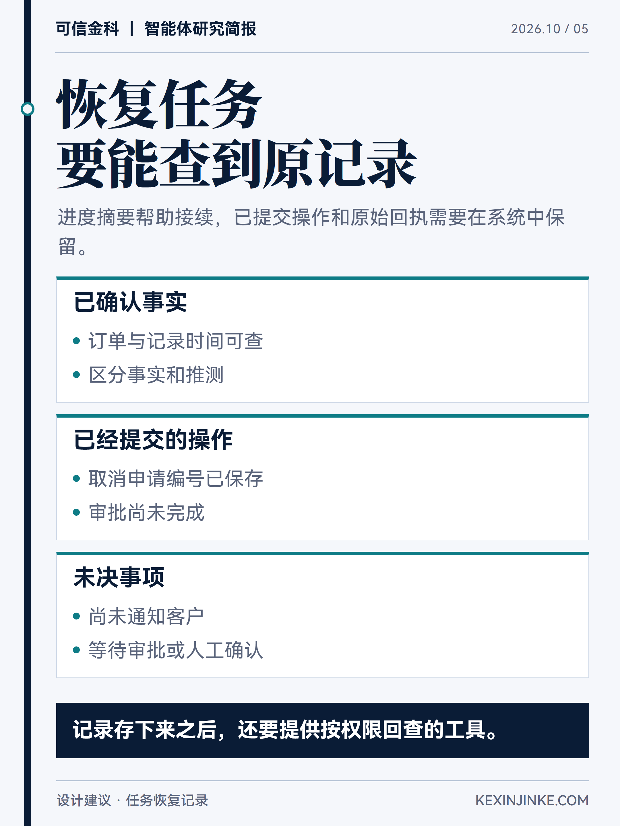 恢复任务时保留已确认事实、未决事项和操作回执,摘要提供进度线索,原始记录支持回查。