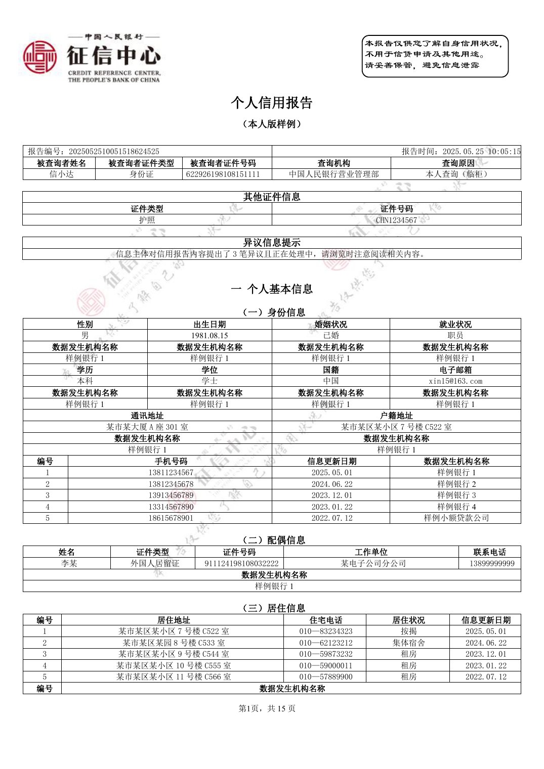 征信中心官网《个人信用报告（本人版样例）》展示样本第 1 页：报告头列出报告编号、报告时间、查询机构与查询原因，其下是其他证件信息、异议信息提示和个人基本信息。