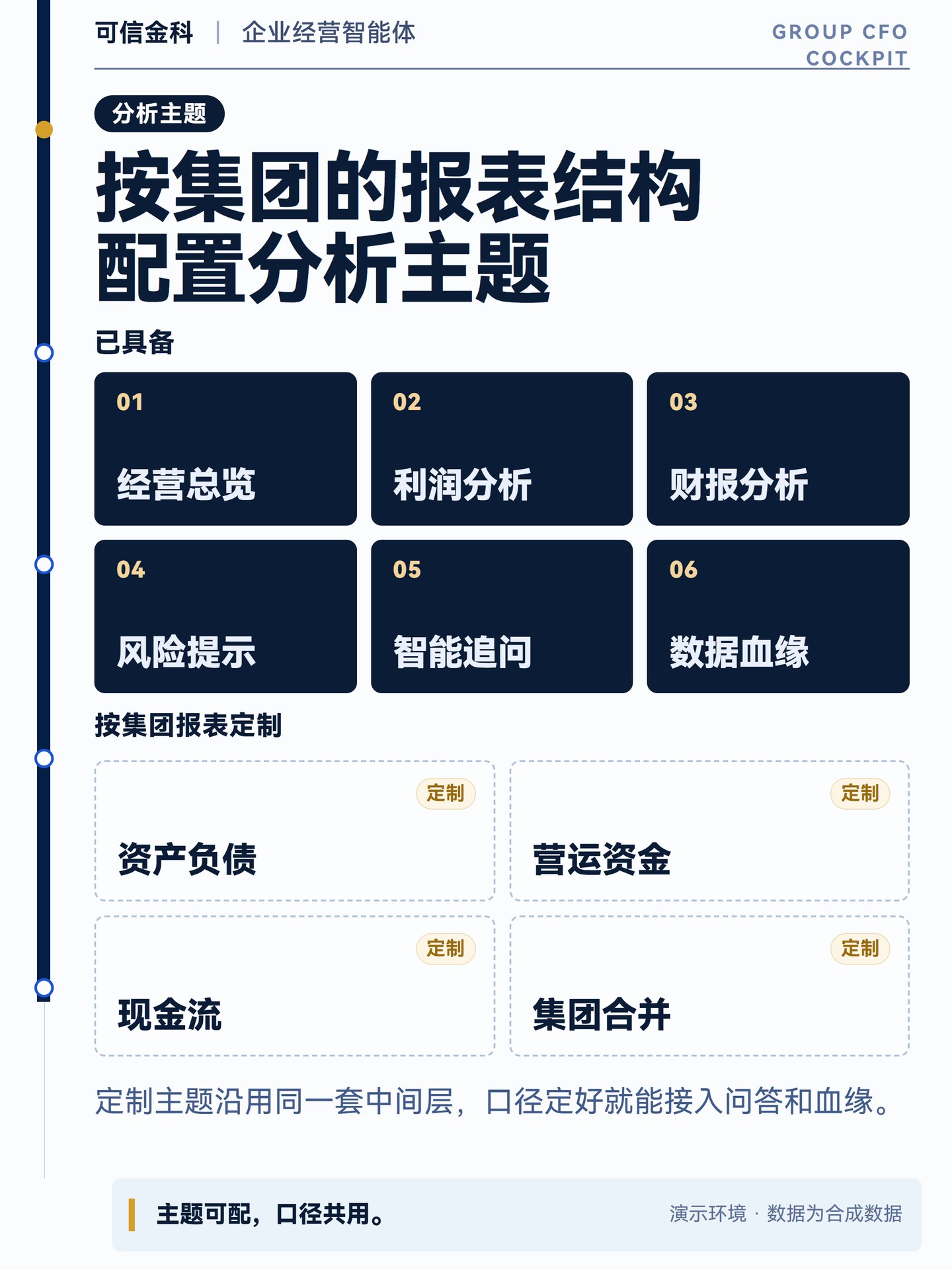 示意图：已有的分析主题，以及资产负债、营运资金、现金流和集团合并等按集团报表结构定制的主题。
