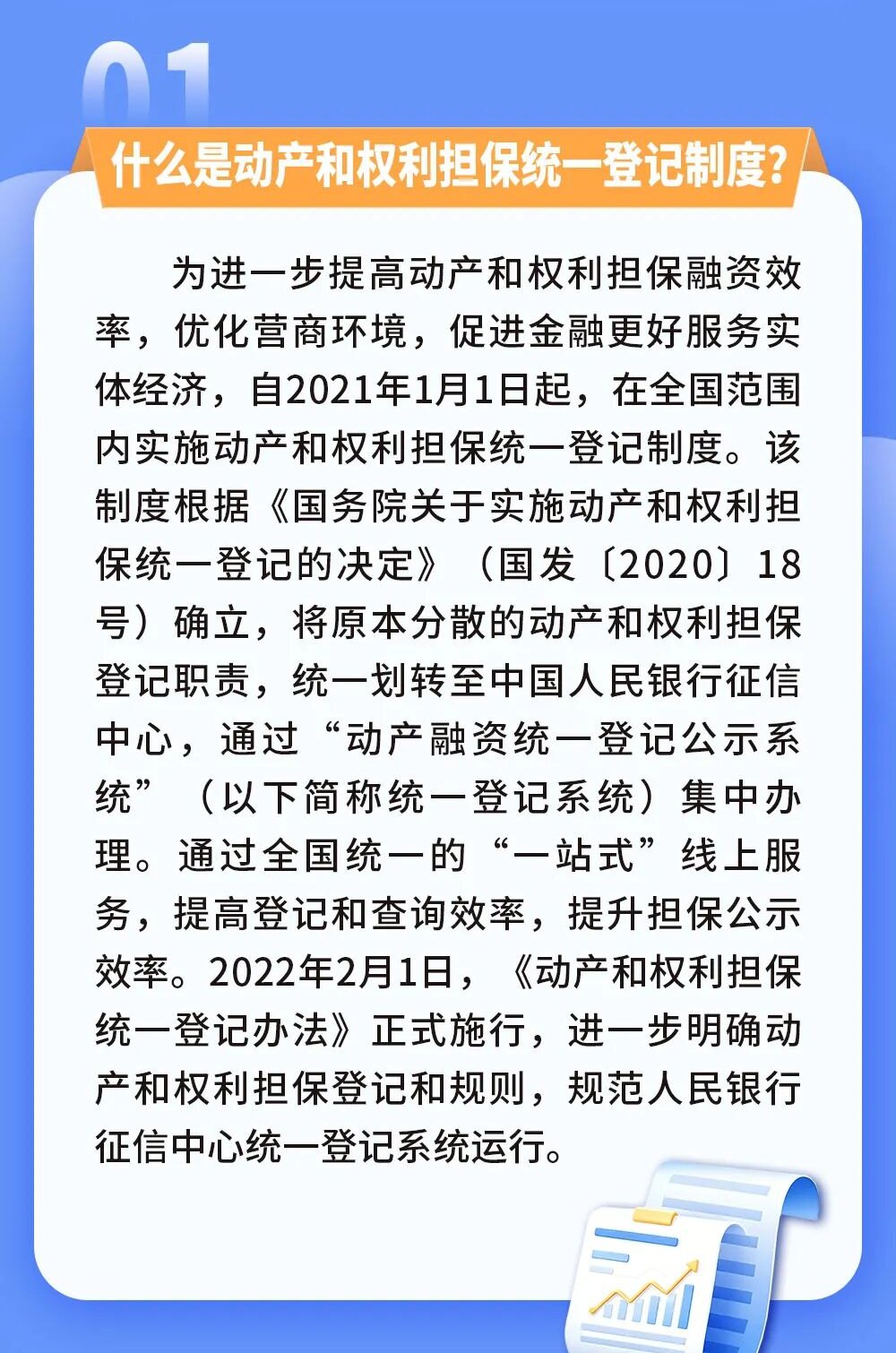 人民银行漳州市分行制作：什么是动产和权利担保统一登记制度，2021年1月1日起全国实施，登记职责统一划转至人民银行征信中心。